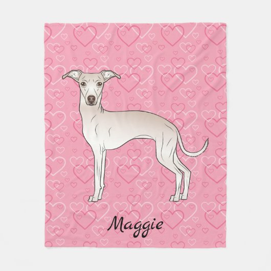 Cream Italy Greyhound Cute Dog on Pink Hearts Fleece Deken (Voorkant)