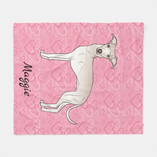 Cream Italy Greyhound Cute Dog on Pink Hearts Fleece Deken (Voorkant (Horizontaal))