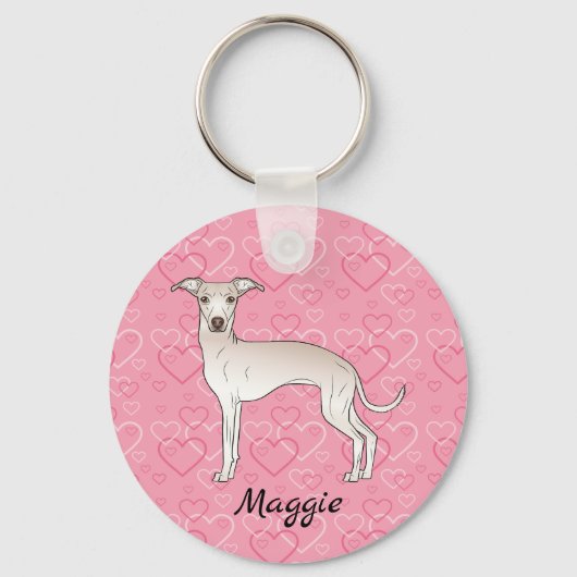 Cream Italy Greyhound Cute Dog on Pink Hearts Sleutelhanger (Voorkant)