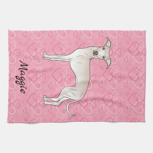 Cream Italy Greyhound Cute Dog on Pink Hearts Theedoek (Horizontaal)