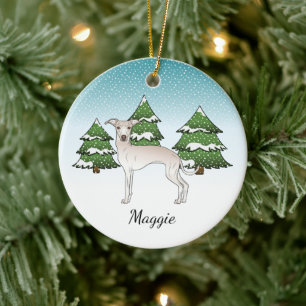 Cream Italy Greyhound Dog in a Winter Forest Keramisch Ornament