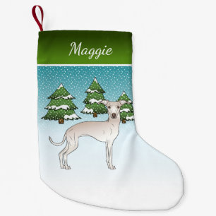 Cream Italy Greyhound Dog in a Winter Forest Kleine Kerstsok