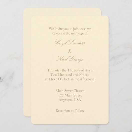 Cream Ivory Brown Plain Simple Wedding Invitation Kaart (Voorkant / Achterkant)