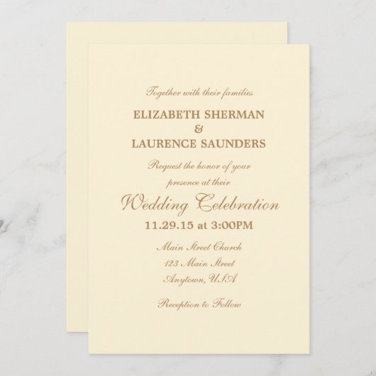 Cream Ivory Brown Plain Simple Wedding Invitation Kaart (Voorkant / Achterkant)