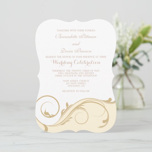 Cream Ivory Floral Swirl Bracket Wedding Invitae Kaart (Staand voorkant)