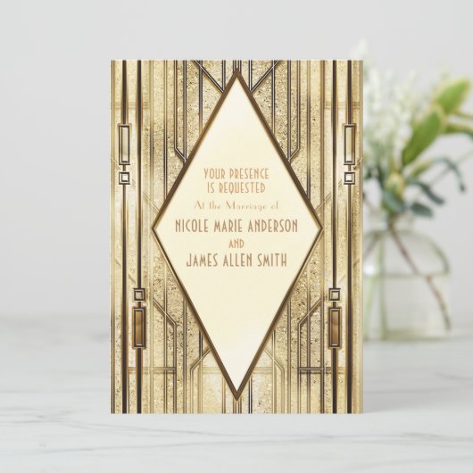 Cream Ivory Gold 20 Art Deco Gatsby Glam Wedding Kaart (Staand voorkant)