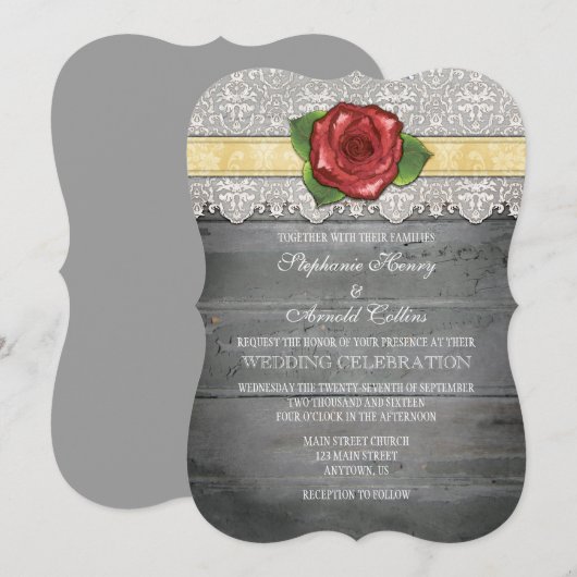 Cream Ivory Grey Rustic Wood Roos Wedding Invite Kaart (Voorkant / Achterkant)