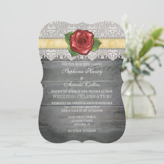 Cream Ivory Grey Rustic Wood Roos Wedding Invite Kaart (Staand voorkant)