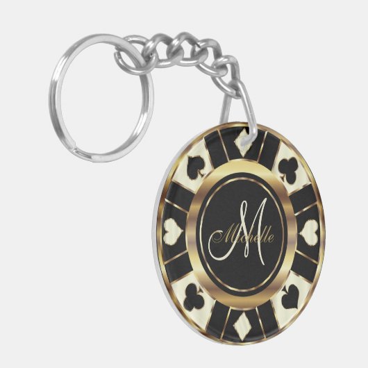 Cream Ivory Poker Chip Design - Monogram Sleutelhanger (Voorkant Links)