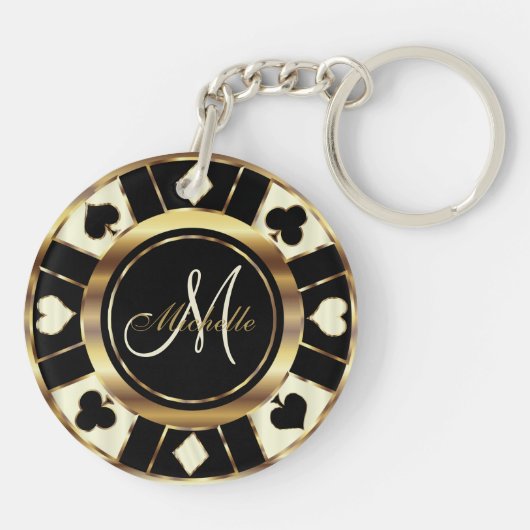 Cream Ivory Poker Chip Design - Monogram Sleutelhanger (Achterkant)