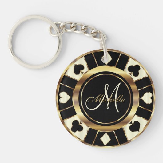 Cream Ivory Poker Chip Design - Monogram Sleutelhanger (Voorkant)