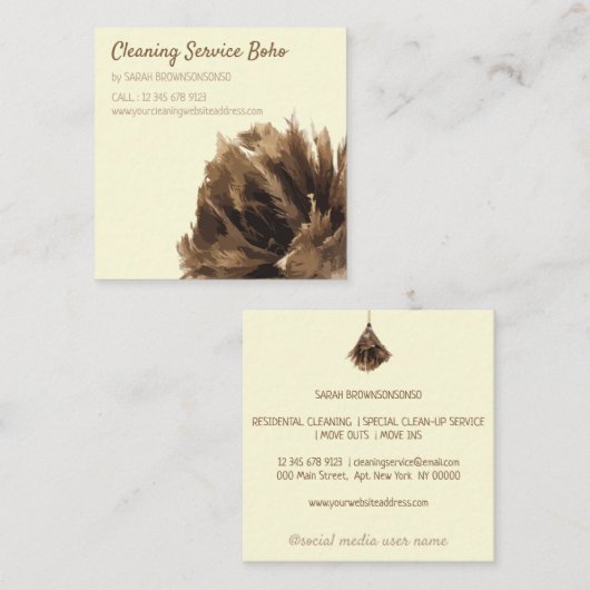 Cream Janitorial Cleaning Service maid hand broom Vierkante Visitekaartje (Voorkant / Achterkant)