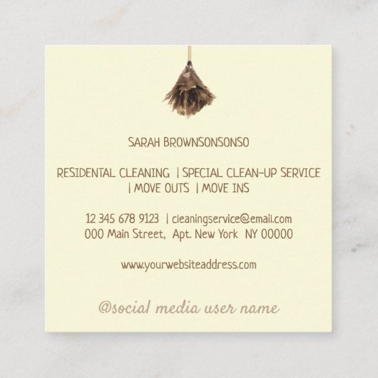Cream Janitorial Cleaning Service maid hand broom Vierkante Visitekaartje (Achterkant)