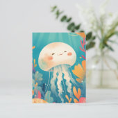Cream Jellyfish in Teal Tropical Coral Reef Ocean Briefkaart (Staand voorkant)
