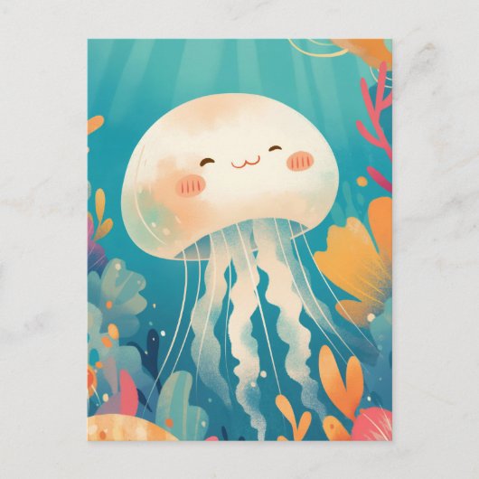 Cream Jellyfish in Teal Tropical Coral Reef Ocean Briefkaart (Voorkant)