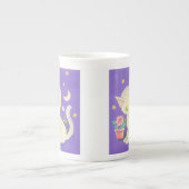 Cream Kitty Cat met ventilatorpot, maan & sterren Porselein Kop (Voorkant)