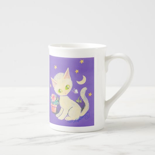 Cream Kitty Cat met ventilatorpot, maan & sterren Porselein Kop (Rechts)
