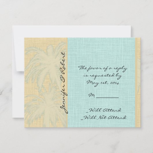 Cream Linen Blue Palm Trees-reactiekaart RSVP Kaartje (Voorkant)