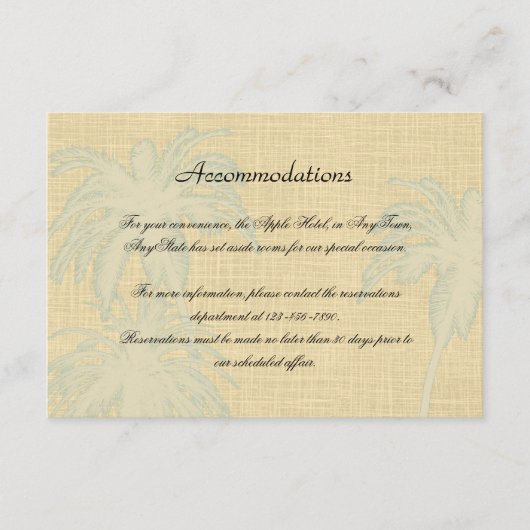 Cream Linen Blue Palm Trees Wedding Insert Informatiekaartje (Voorkant)