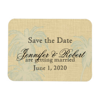 Cream Linnen Blauwe Palm Trees Bruiloft Save the D Magneet