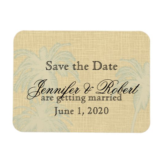 Cream Linnen Blauwe Palm Trees Bruiloft Save the D Magneet (Horizontaal)