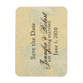 Cream Linnen Blauwe Palm Trees Bruiloft Save the D Magneet (Verticaal)