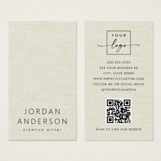 Cream linnen look logo QR code visitekaartjes (Voorkant /achterkant)