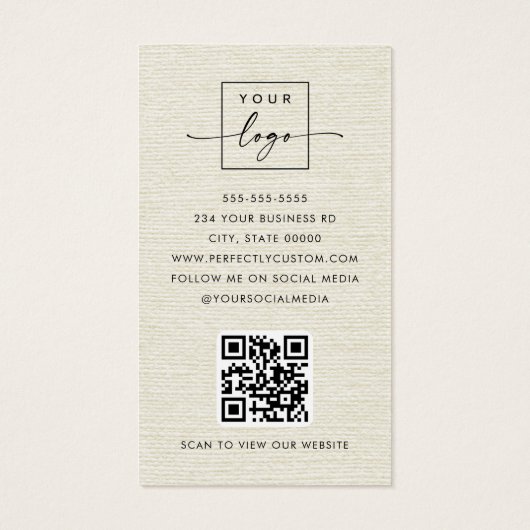 Cream linnen look logo QR code visitekaartjes (Achterkant)