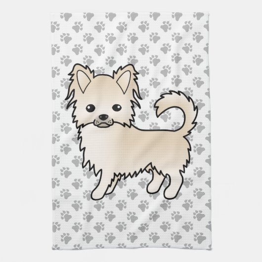 Cream Long Coat Chihuahua Cartoon Dog & Paws Theedoek (Verticaal)
