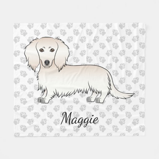 Cream Long Hair Dachshund Cute Cartoon Dog & Name Fleece Deken (Voorkant (Horizontaal))
