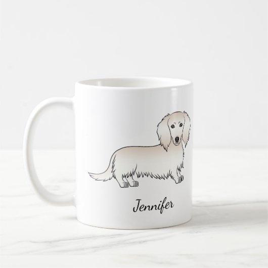 Cream Long Hair Dachshund Cute Cartoon Dog & Name Koffiemok (Links)