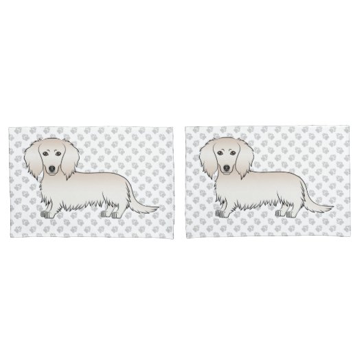 Cream Long Hair Dachshund Cute Cartoon Dog & Paws Kussensloop (Voorkant-Set)