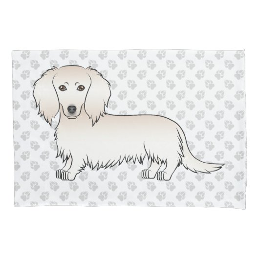 Cream Long Hair Dachshund Cute Cartoon Dog & Paws Kussensloop (Voorkant-Links)