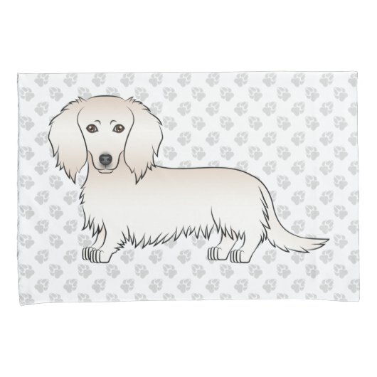 Cream Long Hair Dachshund Cute Cartoon Dog & Paws Kussensloop (Voorkant-Rechts)
