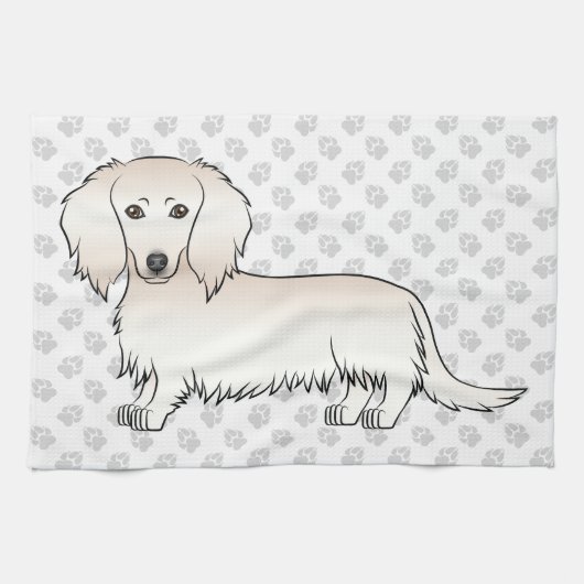 Cream Long Hair Dachshund Cute Cartoon Dog & Paws Theedoek (Horizontaal)