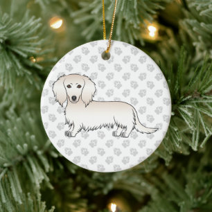 Cream Long Hair Dachshund Cute Cartoon Dog & Text Keramisch Ornament