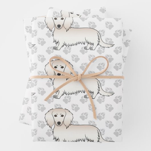 Cream Long Hair Dachshund Cute Dog Pattern & Paws Inpakpapier Vel (In situ)
