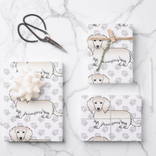 Cream Long Hair Dachshund Cute Dog Pattern & Paws Inpakpapier Vel (Voorkant)