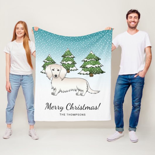 Cream Long Hair Dachshund Cute Dog - Winter Forest Fleece Deken (In situ)