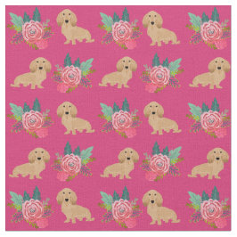 Cream longhaire Dachshund magenta florals Stof