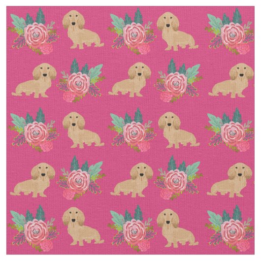 Cream longhaire Dachshund magenta florals Stof (Close Up)