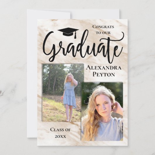 Cream Marble White Script Photo Afstuderen Kaart (Voorkant)