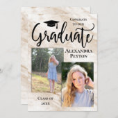 Cream Marble White Script Photo Afstuderen Kaart (Voorkant / Achterkant)