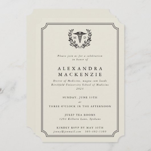 Cream MD Caduceus+Laurel Wreated Doctor Afstuderen Kaart (Voorkant / Achterkant)