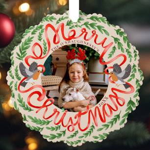 Cream Merry Christmas Folk Foliage Krans Foto Ornament Kaart