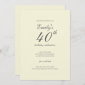 Cream Minimalist 40th Birthday Party Uitnodiging (Voorkant / Achterkant)