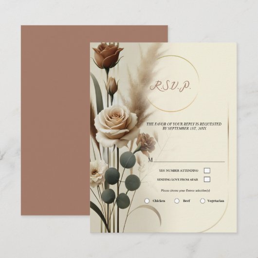Cream & Mocha Geometrische Bloemen Huwelijk RSVP Kaart (Voorkant / Achterkant)