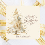 Cream mocha tree Christmas Vierkante Sticker<br><div class="desc">Een crèmekleurige achtergrond. Versierd met een besneeuwde boom. Merry Christmas is geschreven met een elegant handgeschreven stijlscript. Personaliseer en voeg uw familienaam toe. Mocha,  gedempt bruin gekleurde tekst.</div>