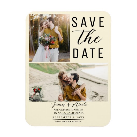 Cream Modern 2 Foto's Save the Date Wedding Magneet (Verticaal)
