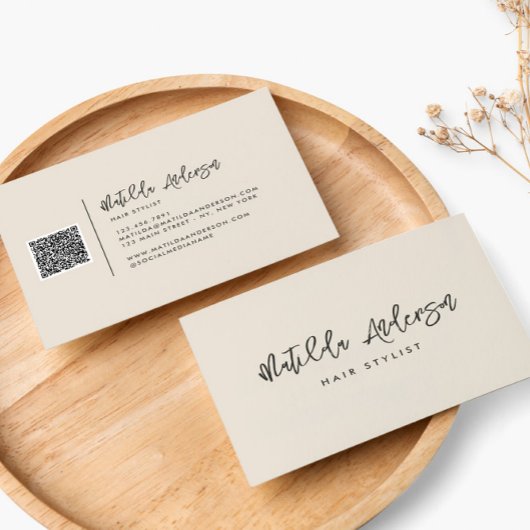 Cream moderne minimum manuscript QR CODE Visitekaartje